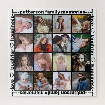 Family Photo Collage White Black 16 | Custom Text Jigsaw Puzzle by PictureCollage at Zazzle