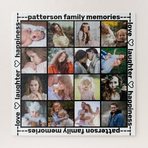 Family Photo Collage White Black 16  Custom Text Jigsaw Puzzle