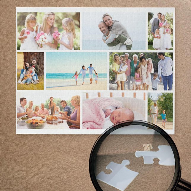 Family Photo Collage White Masonry Grid Custom Jigsaw Puzzle (White jigsaw puzzle with 9 pictures in masonry grid photo collage by Darling & May)