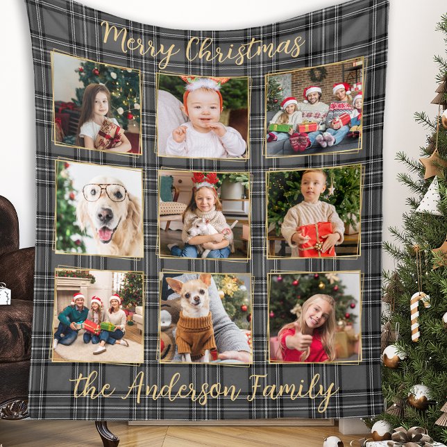 Family Photo Collage Winter Gray Patchwork Plaid Fleece Blanket (Creator Uploaded)