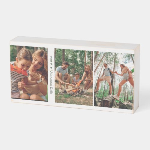 Family Photo Collage with 3 Photos and Custom Text Wooden Box Sign