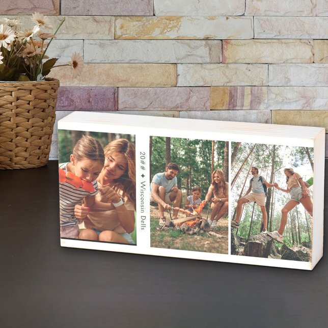 Family Photo Collage with 3 Photos and Custom Text Wooden Box Sign (Creator Uploaded)