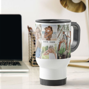 Family Photo Collage with 5 Photos and Name Travel Mug