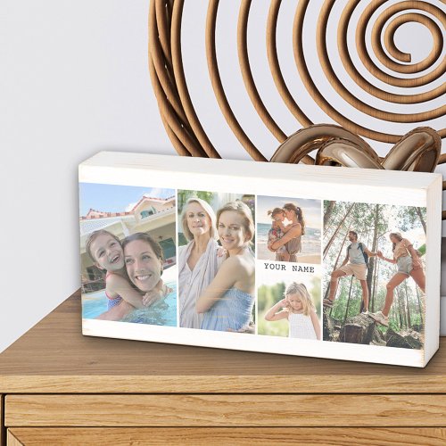 Family Photo Collage with 5 Photos and Name Wooden Box Sign
