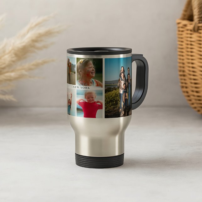 Family Photo Collage with 6 Photos and Custom Text Travel Mug (Creator Uploaded)