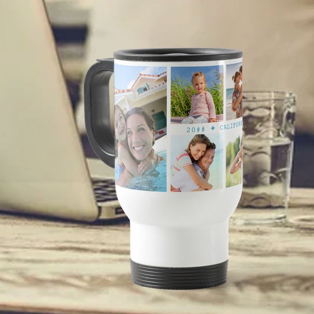 Family Photo Collage with 6 Photos and Custom Text Travel Mug (Creator Uploaded)