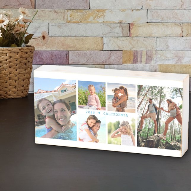 Family Photo Collage with 6 Photos and Custom Text Wooden Box Sign (Creator Uploaded)