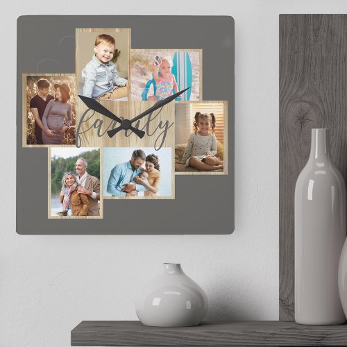 Family Photo Collage Wood Grain Border Warm Gray Square Wall Clock