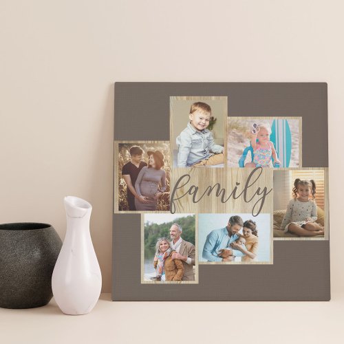 Family Photo Collage Wood Grain Frame Brown Faux Canvas Print