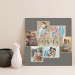 Family Photo Collage Wood Grain Frame Warm Grey Faux Canvas Print<br><div class="desc">Family photo collage with 6 of your favorite photos, calligraphy and light woodgrain look frame. The photo template is ready for you to add your photos, which are displayed in landscape and portrait formats. The background color and the word "family" are colored warm grey and you are welcome to edit...</div>