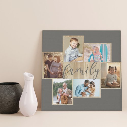 Family Photo Collage Wood Grain Frame Warm Grey Faux Canvas Print
