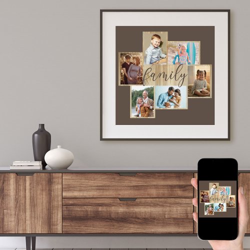 Family Photo Collage Wood Look Frame Brown Poster