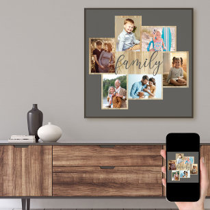 Family Photo Collage Wood Look Frame Warm Grey Poster