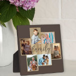 Family Photo Collage Woodgrain Border Brown Plaque<br><div class="desc">Family photo collage with 6 of your favorite photos, calligraphy and light woodgrain look frame. The photo template is ready for you to add your photos, which are displayed in landscape and portrait formats. The background color and the word "family" are colored brown and you are welcome to edit this...</div>