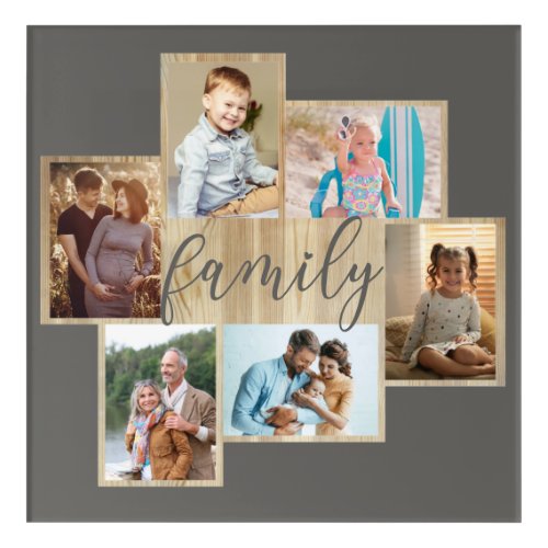 Family Photo Collage Woodgrain Border Warm Grey Acrylic Print