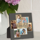 Family Photo Collage Woodgrain Border Warm Grey Plaque<br><div class="desc">Family photo collage with 6 of your favorite photos, calligraphy and light woodgrain look frame. The photo template is ready for you to add your photos, which are displayed in landscape and portrait formats. The background color and the word "family" are colored warm grey and you are welcome to edit...</div>
