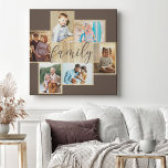 Family Photo Collage Woodgrain Frame Brown Canvas<br><div class="desc">Family photo collage with 6 of your favorite photos, calligraphy and light woodgrain look frame. The photo template is ready for you to add your photos, which are displayed in landscape and portrait formats. The background color and the word "family" are colored brown and you are welcome to edit this...</div>