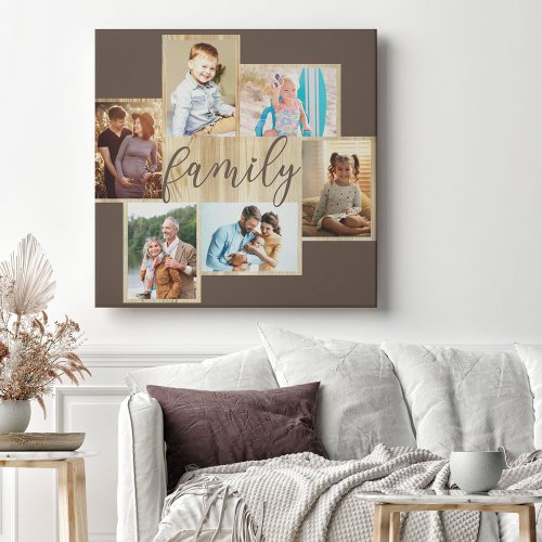 Family Photo Collage Woodgrain Frame Brown Canvas