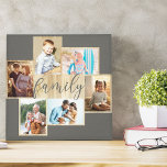 Family Photo Collage Woodgrain Frame Warm Grey Canvas Print<br><div class="desc">Family photo collage with 6 of your favorite photos, calligraphy and light woodgrain look frame. The photo template is ready for you to add your photos, which are displayed in landscape and portrait formats. The background color and the word "family" are colored warm grey and you are welcome to edit...</div>
