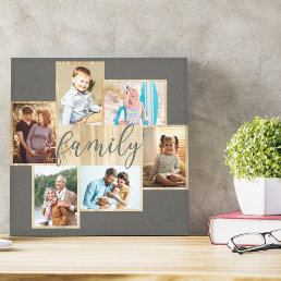 Family Photo Collage Woodgrain Frame Warm Grey Canvas Print
