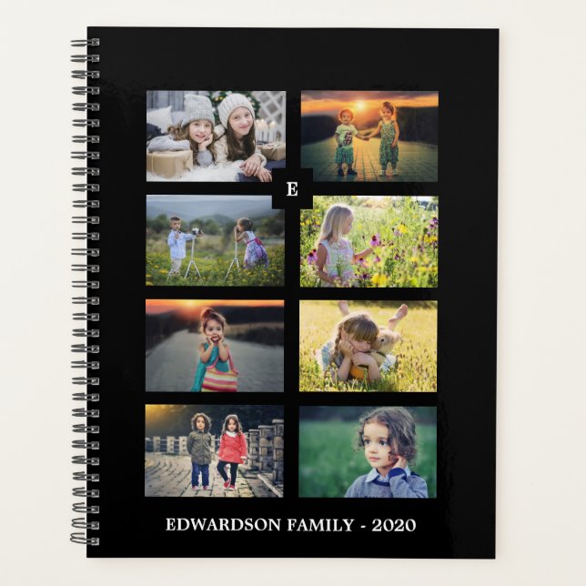 Family photo colllage 8 photos black personalized planner (Front)