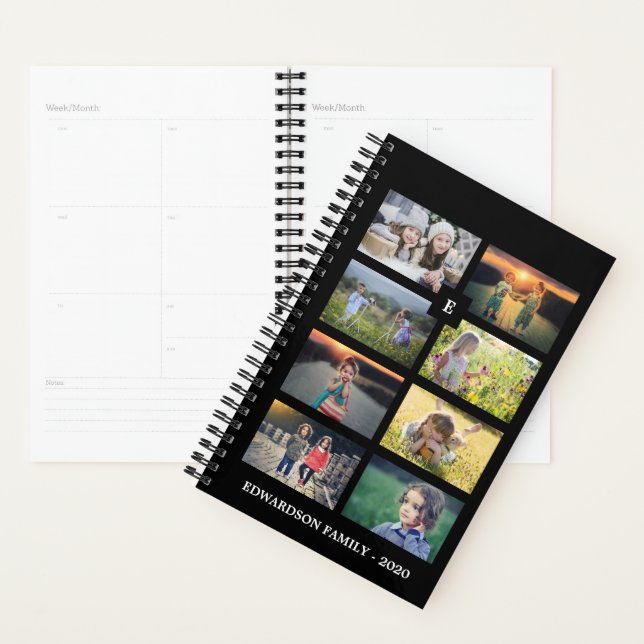 Family photo colllage 8 photos black personalized planner (Display)
