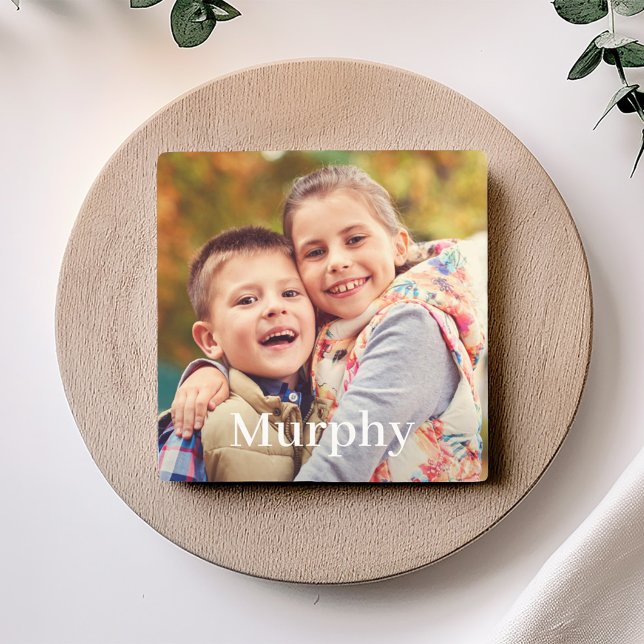 Family Photo Custom Last Name Monogram Stone Coaster (Creator Uploaded)