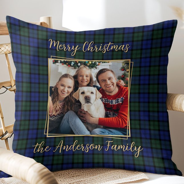 Family Photo Custom Modern Elegant Christmas Plaid Throw Pillow (Creator Uploaded)
