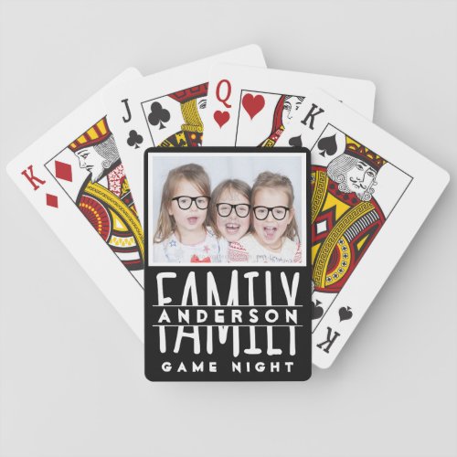 Family Photo  Custom Name Modern Black Game Night Playing Cards