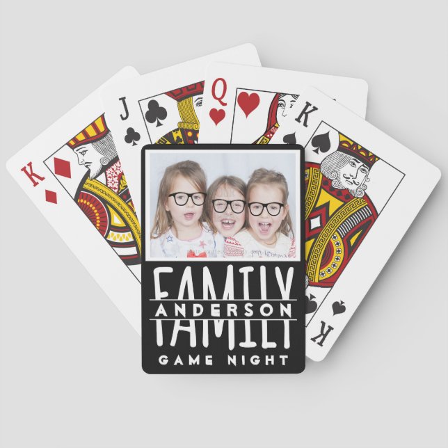 Family Photo | Custom Name Modern Black Game Night Poker Cards (Back)