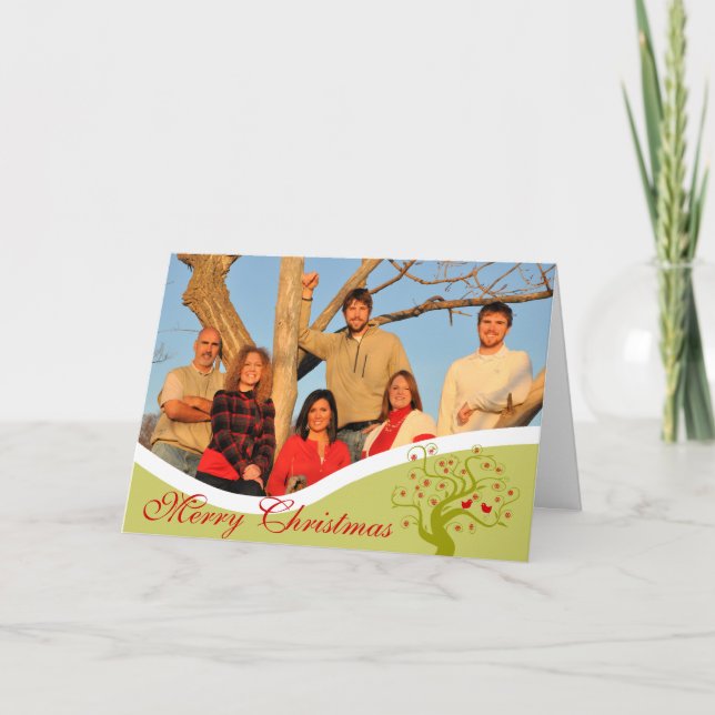 Family Photo Cute Birds Lime Christmas Tree Holiday Card (Front)