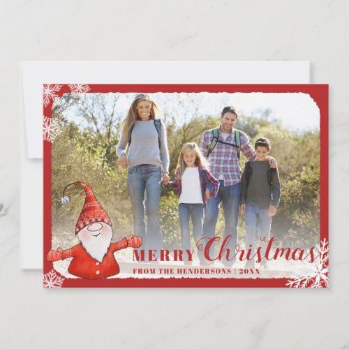 Family Photo Cute Gnome Red Merry Christmas Holiday Card