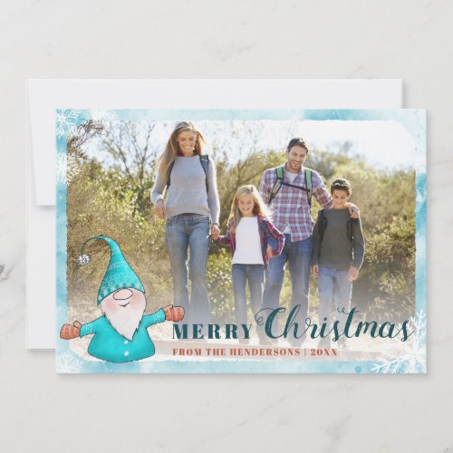 Family Photo Cute Gnome Teal Blue Christmas Holiday Card