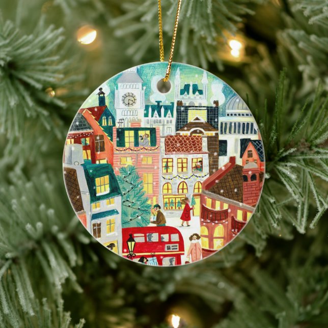 Family photo cute London illustration Christmas  Ceramic Ornament (Tree)