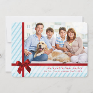 FAMILY PHOTO cute wrapped up red ribbon bow blue Holiday Card