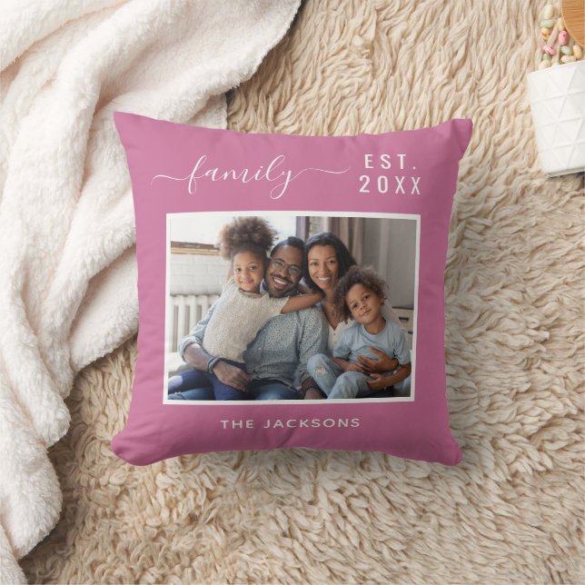 Family photo dark pink name script throw pillow (Blanket)
