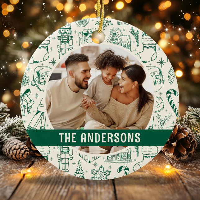 Family Photo Doodle Green Christmas Ceramic Ornament (Creator Uploaded)