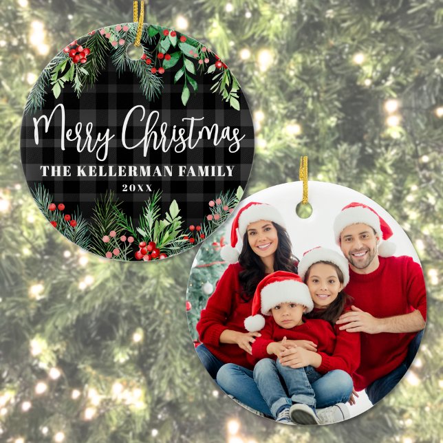 Family Photo Double Sided Christmas  Ceramic Ornament (Greenery Plaid Merry Christmas Photo Ceramic Ornament)