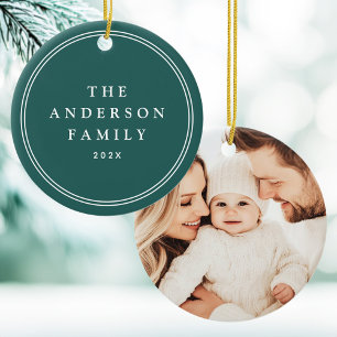 Family photo elegant border name year pine green ceramic ornament