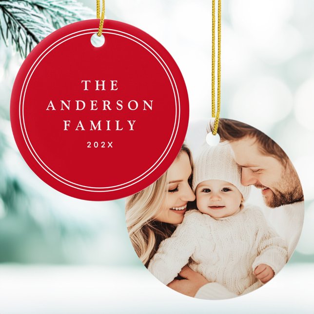 Family photo elegant border name year red ceramic ornament (Family photo elegant border name year red ceramic ornament)