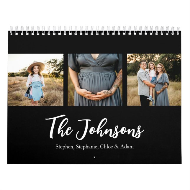Family Photo Elegant Script Black  Calendar (Cover)