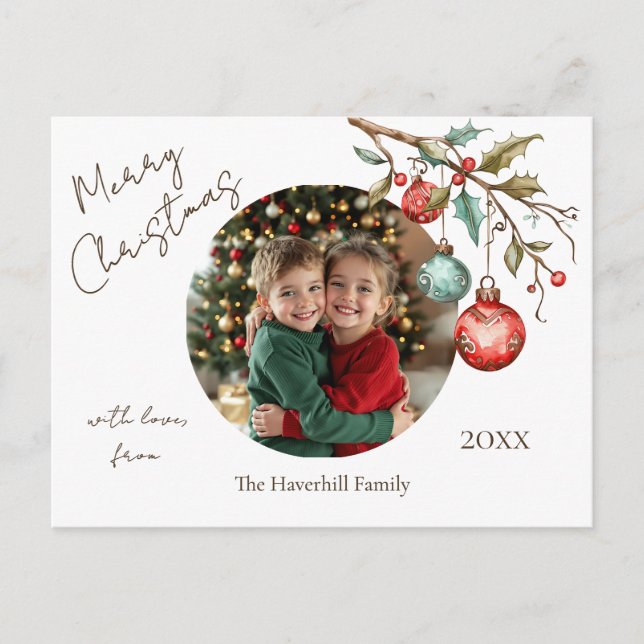 Family Photo Elegant Script Watercolor Christmas  Holiday Postcard (Front)