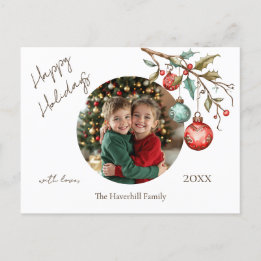 Family Photo Elegant Script Watercolor Happy Holiday Postcard