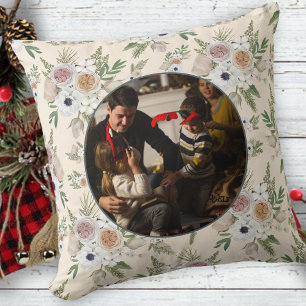 Family Photo Elegant Watercolor Floral Christmas Throw Pillow