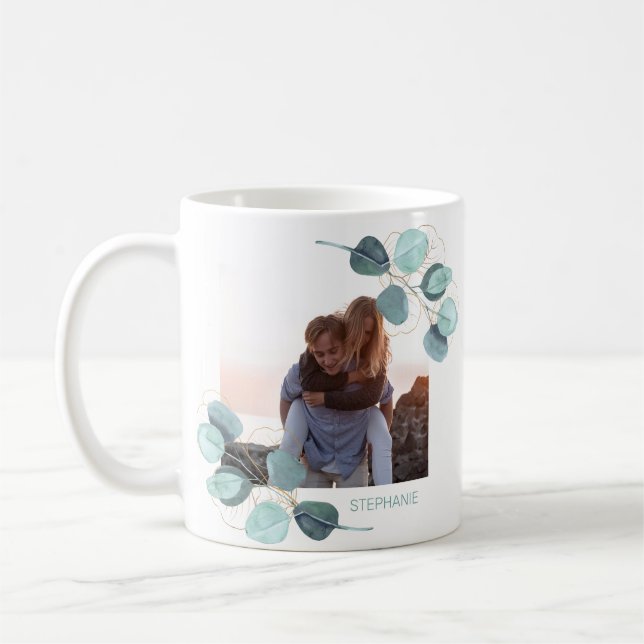 Family Photo Eucalyptus Botanical Personalized Coffee Mug (Left)