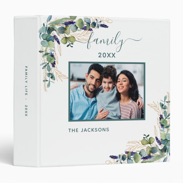 Family photo eucalyptus greenery white name 3 ring binder (Front/Spine)