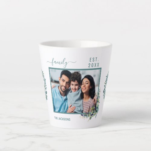 Family photo eucalyptus greenery white name latte mug