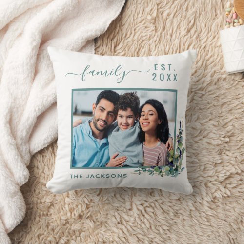 Family photo eucalyptus greenery white name throw pillow