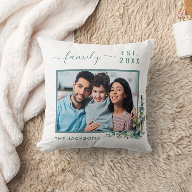 Family photo eucalyptus greenery white name throw pillow (Blanket)