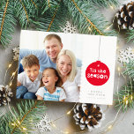 FAMILY PHOTO festive christmas greeting bauble red Holiday Card<br><div class="desc">by kat massard >>> WWW.SIMPLYSWEETPAPERIE.COM <<< A super fun card design featuring the quote "TIS THE SEASON" in bold red bauble shape. And space your favorite photos (Edit to save your photos as a square shape, before you upload them to ensure they fit perfectly in the space provided. TIPS 1....</div>